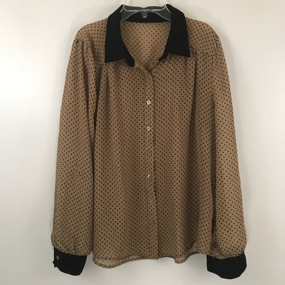 Mine Too Black Tan Polka Dot Button Down Top XL - Picture 1 of 8